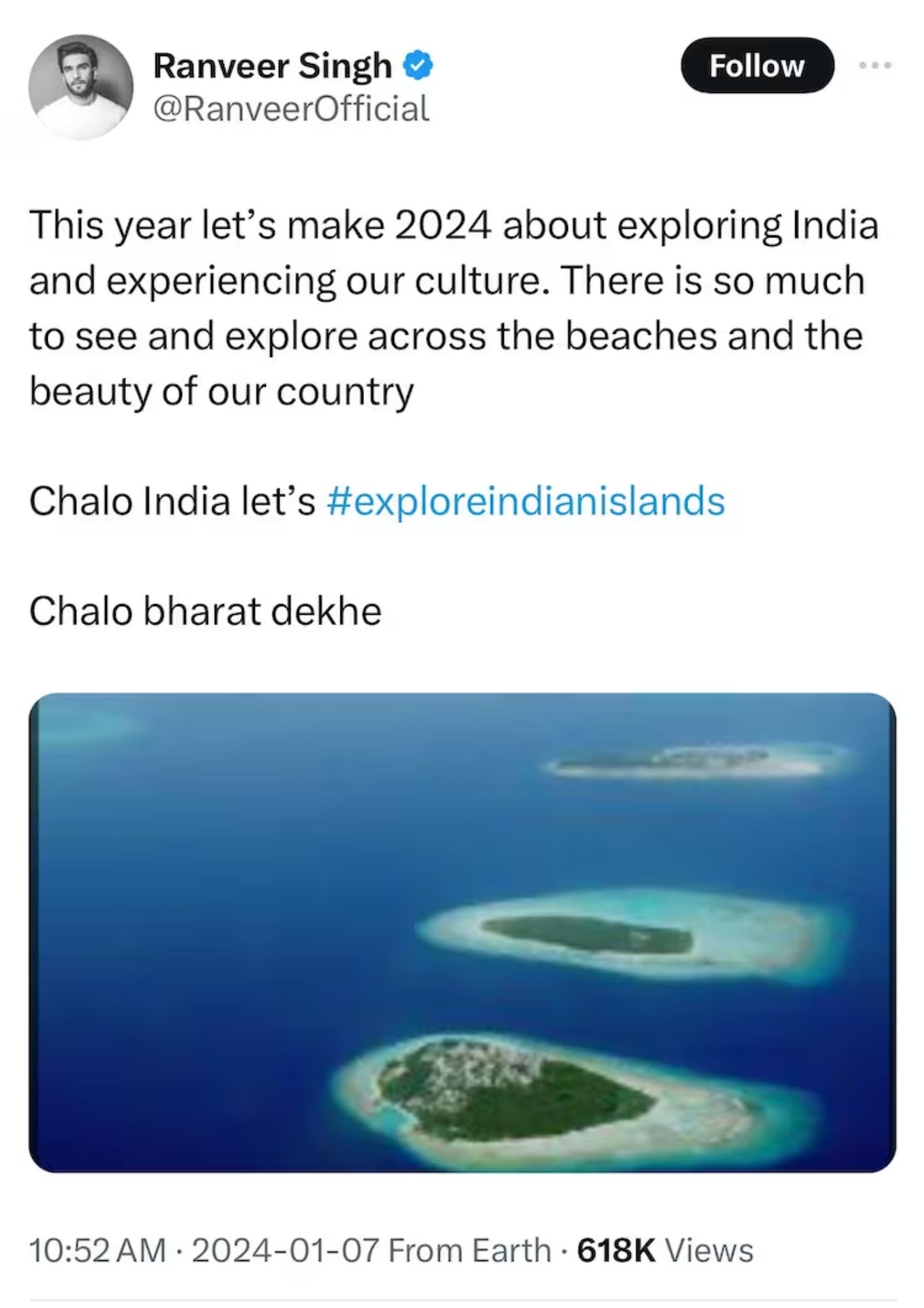 Ranveer Singh Posts Maldives Pic On ‘X’ While Promoting Lakshadweep, Deletes It Later