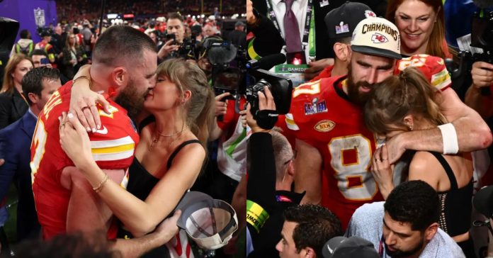 Travis Kelce Celebrates Super Bowl Win With Taylor Swift On The Field With A Kiss.