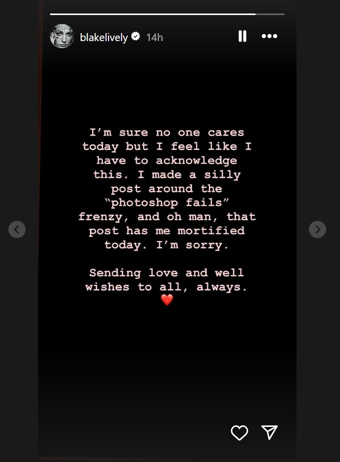 Blake Lively's apology message to Kate Middleton on her story on Instagram