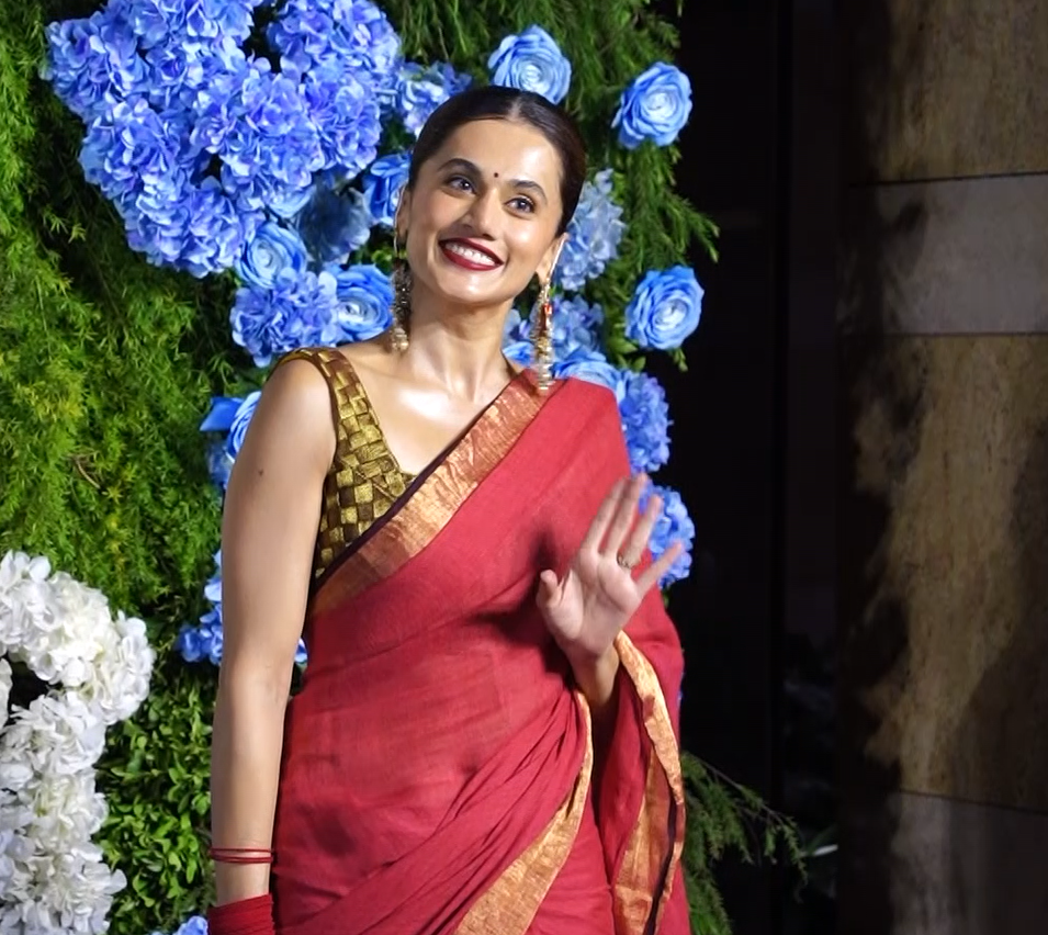 Newlywed Taapsee Pannu Makes Her First Public Appearance, Steals Spotlight In Elegant Red Saree.