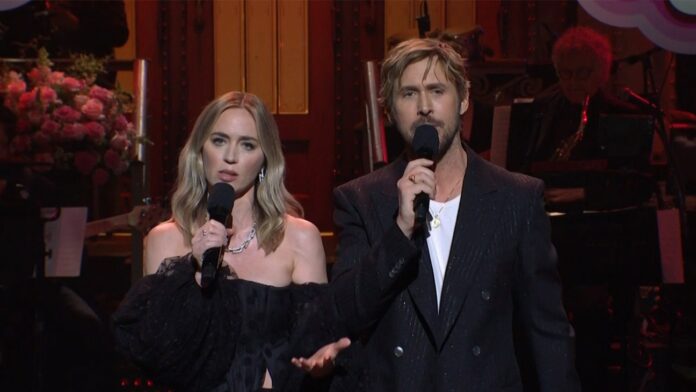 Ryan Gosling Sends Emily Blunt (Playfully) Over The Edge By Serenading Ken Once More During ‘SNL’ Opening